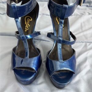 Candie's Shiny Navy Blue Patent T-Strap Platform Heels